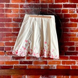 Tan A line Skirt with coral embroidered flowers